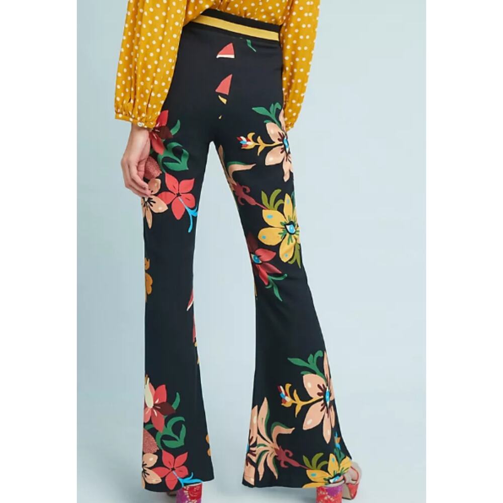 NEW! Farm Rio Calla Flared Retro Floral Pants S Black Motif Retro Boho $148 - Picture 2 of 11